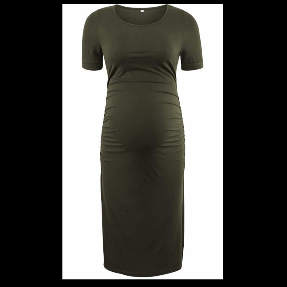Maternity Dress: Olive green gently used body con